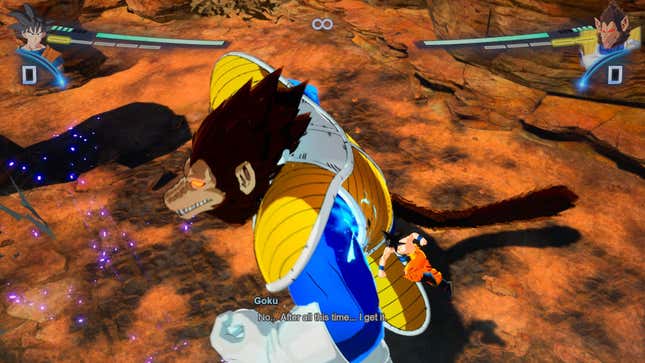 Goku voa no ar e dá um soco no macaco Vegeta em seu braço gigante.