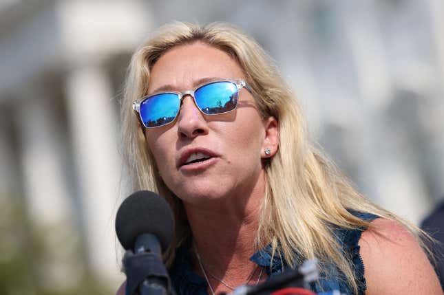 Rep. Marjorie Taylor Green (R-GA) speaks at a press conference on the current conflict between Israel and the Palestinians on May 20, 2021 in Washington, DC. 