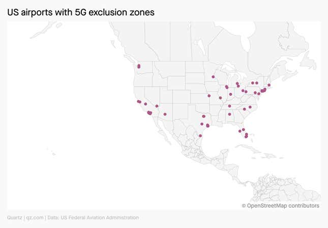 A map showing US airports with 5G exclusion zones.
