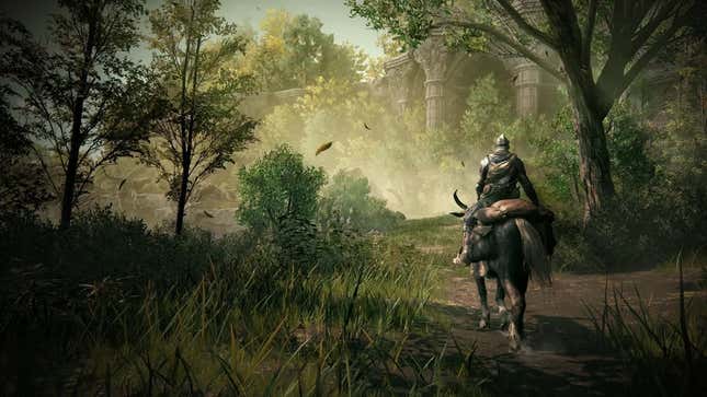  A screenshot of Elden Ring showing the player character on horseback in a wooded area.