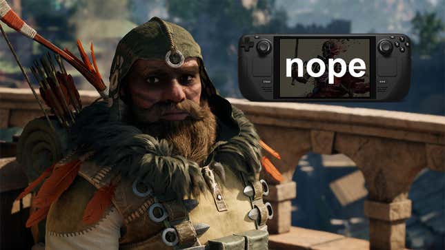 Marius regarde la caméra avec désapprobation tandis qu’un Steam Deck plane à côté de lui avec le mot « non » écrit dessus.
