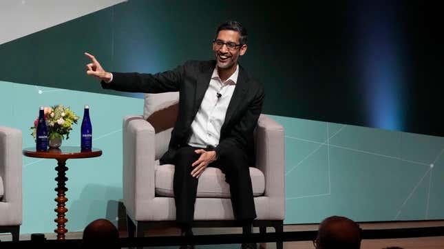 Google and Alphabet CEO Sundar Pichai speaks at Stanford University in Stanford, Calif., Wednesday, April 3, 2024.