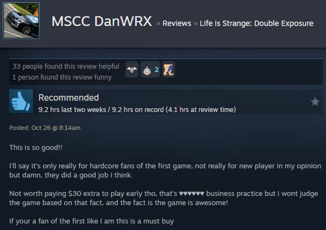 A screenshot shows a Steam review of Life is Strange: Double Exposure.