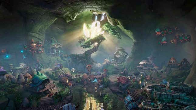 A wide shot of a large underground town with a river running down the middle and a large tree with a glowing crystal in the center