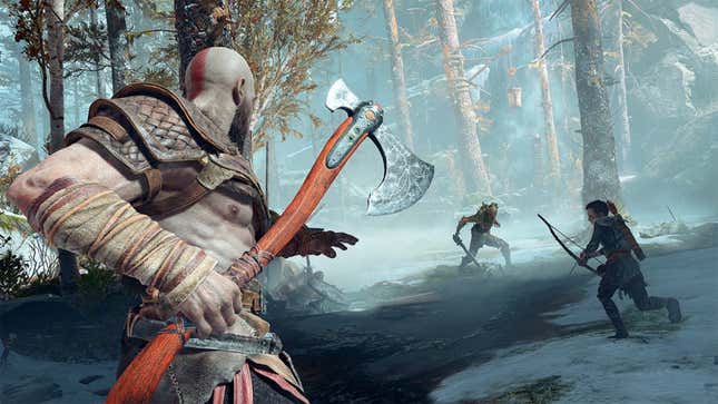 A screenshot from 2018's God of War showing Kratos wielding the Leviathan Axe. 