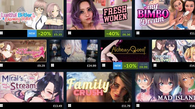 A selection of adult games on Steam.