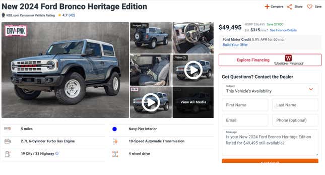 Image for article titled It&#39;s Your Time To Get A Deal On A New Ford Bronco