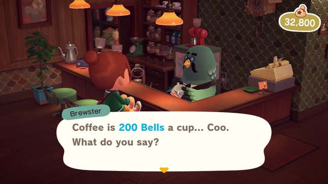 Brewster cleans a coffee cup as a player sits at the bar of his coffee shop. 