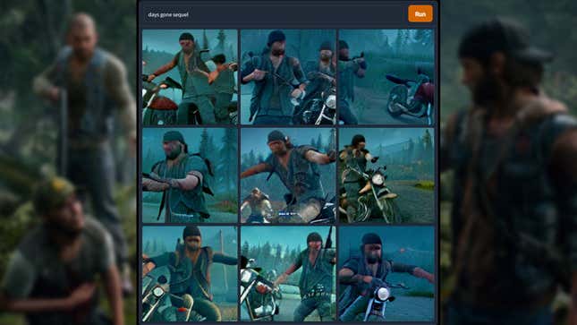 A series of images depicts surrealist AI-generated screenshots of a hypothetical Days Gone sequel.