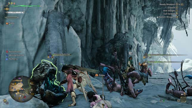 The hunter and their Palico gather from a mining outcrop.