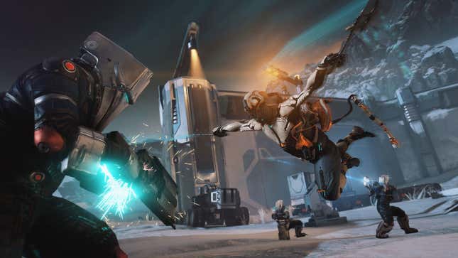 A space-ninja-like figure leaps at an enemy, blades drawn.