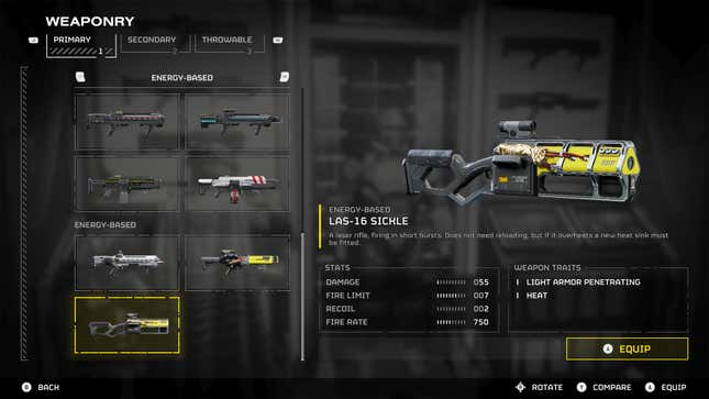 LAS-16 Sickle weapon select page in Helldivers 2.