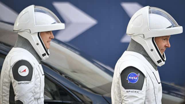 A photo of cosmonaut Aleksandr Gorbunov (L) and NASA astronaut Nick Hague (R). 