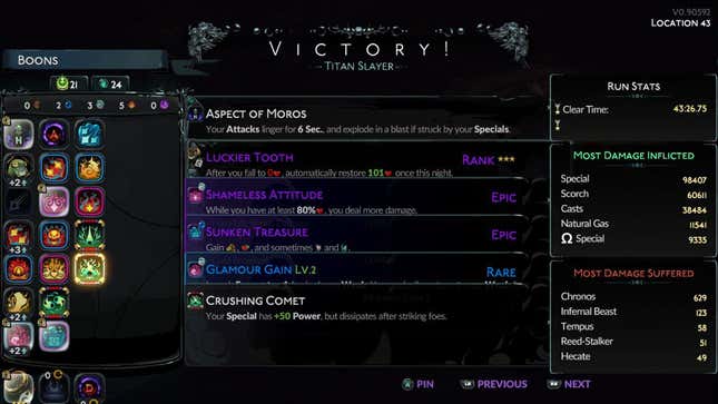 My Hades 2 victory screen showing off my build. 