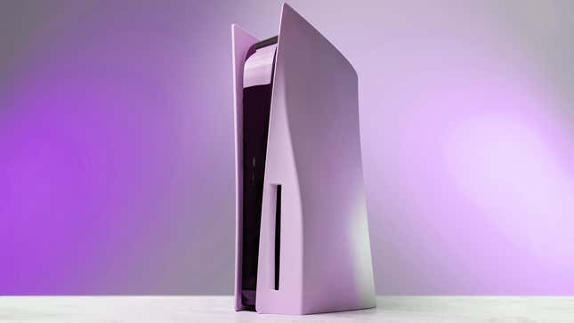 A PS5 stands against a purple gradient.