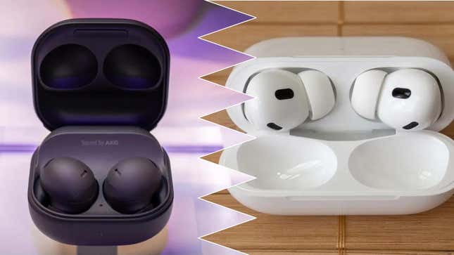 An image of the Galaxy Buds 2 Pro and the AirPods side by side