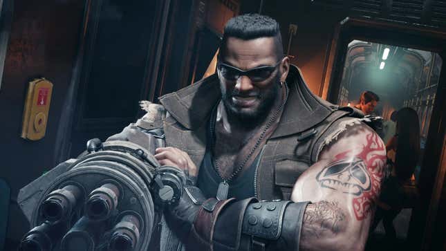 Barret holds his gun arm out.