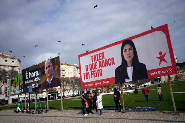 Birds fly above election campaign billboards for leftist parties in Lisbon, Portugal, Saturday, Feb. 24, 2024. The official two-week campaign period before Portugal&#39;s snap general election begins Feb. 25, with the country&#39;s two moderate mainstream parties once again expected to collect most votes but with the possible rise of a populist party potentially adding momentum to Europe&#39;s drift to the right. (AP Photo/Armando Franca)