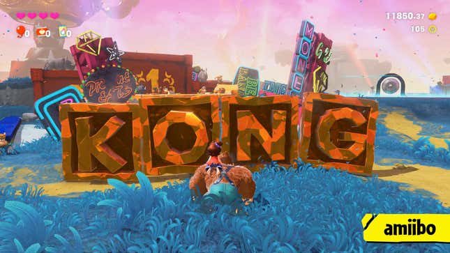 Giant boxes that spell out the letters KONG stand before Donkey Kong and his friend.