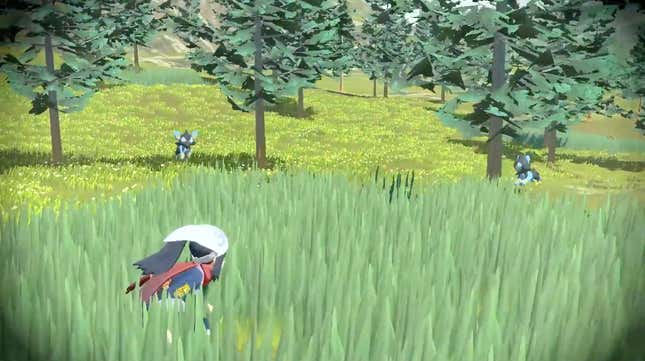 A trainer hiding in the tall grass to survey Pokémon.