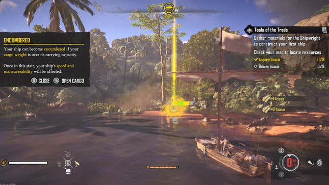 A screenshot shows a boat near some trees as it cuts them down. 