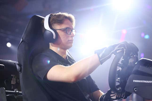 Kylian "R8G_Kylian19" Drumont of Team France competes in the Gran Turismo motor sport qualifying rounds on day four of the Olympic Esports Week at Suntec Singapore Convention & Exhibition Centre on June 25, 2023 in Singapore.