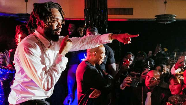 Kerby Jean-Raymond hypes the crowd at Junior’s in Brooklyn.