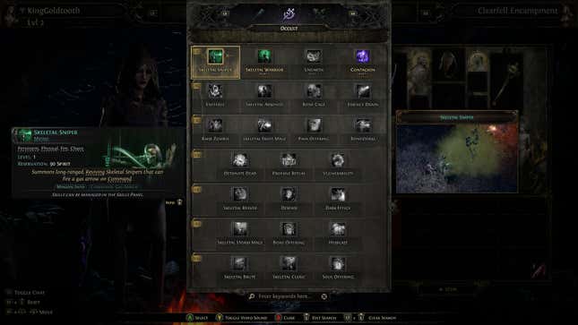 A menu screen shows the Skeletal Sniper skill in Path of Exile 2.