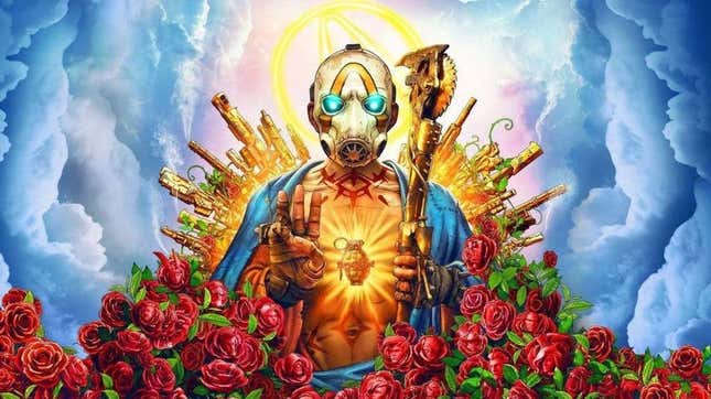 A Borderlands character covered in roses and guns holds up three fingers.
