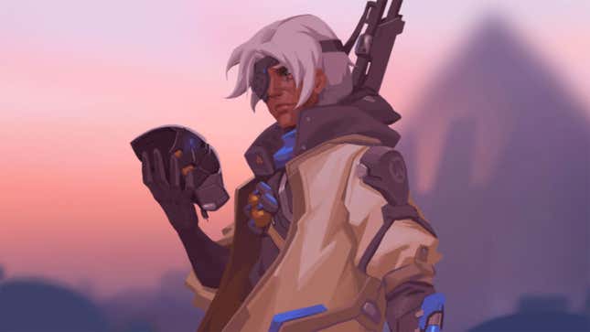 an overwatch character against a sunset