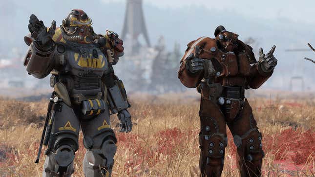 A screenshot shows two waving players in Fallout 76. 