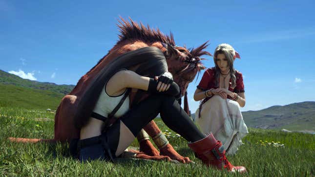 Aerith's spirit looks over Red XIII and Tifa as they mourn.