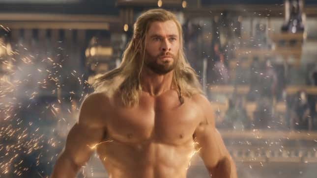 Chris Hemsworth as a nude Thor in Thor: Love & Thunder. 