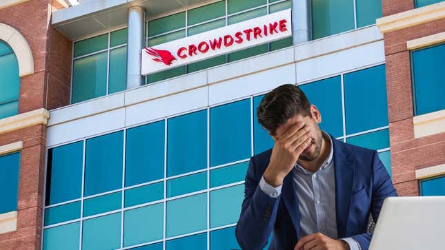 A man facepalms in front of the Crowdstrike building.