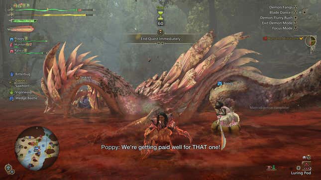 A hunter crouches next to a dying Mizutsune right after slaying the monster.