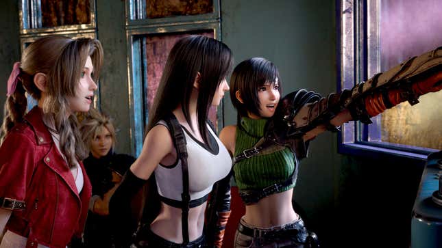The women of Final Fantasy 7 Rebirth—Aerith (left), Tifa (middle), and Yuffie (right)—stare at something offscreen as Yuffie points with a surprised look on her face.