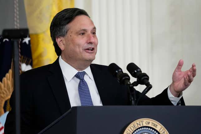 FILE - Outgoing White House chief of staff Ron Klain, speaks in the East Room of the White House in Washington, Wednesday, Feb. 1, 2023. Airbnb has named Ron Klain, former White House Chief of Staff for President Joe Biden, as its chief legal officer. Klain served as President Biden’s chief of staff for his first two years in office. (AP Photo/Susan Walsh, File)