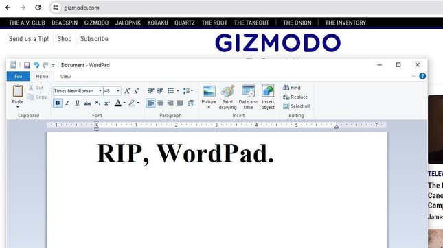 A screenshot of WordPad with 