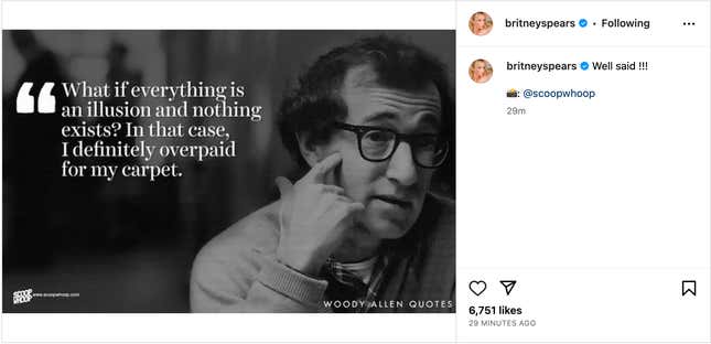 Image for article titled Do We Think Britney Spears Knows About Woody Allen?