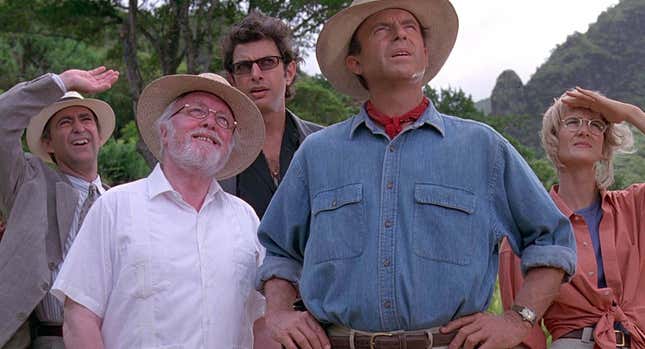 The original Jurassic Park cast seen in a still from the 1993 action-adventure classic.
