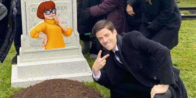 Grant Gustin does a peace sign over a grave with Velma on the tombstone.