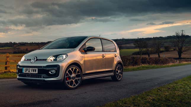 A photo of the front left corner of the VW Up! GTI hatchback.