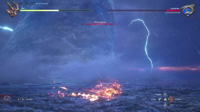 What appears to be a massive pillar of water rises out of the ocean's surface as the attack name Waterspout is displayed.