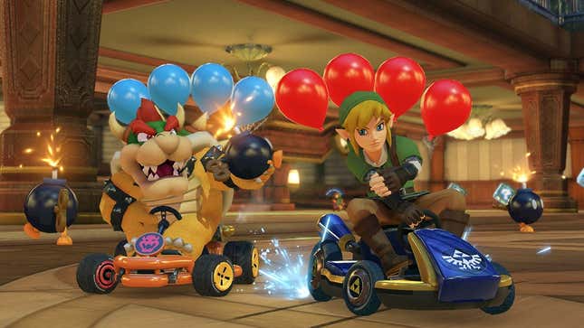 Bowser and Link race against each other in Mario Kart 8 Deluxe.