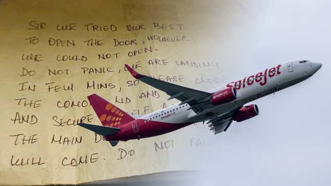 An aircraft of India's airline SpiceJet takes off in Mumbai, India, Sunday, Aug. 7, 2022. composited over the note slipped under the door.