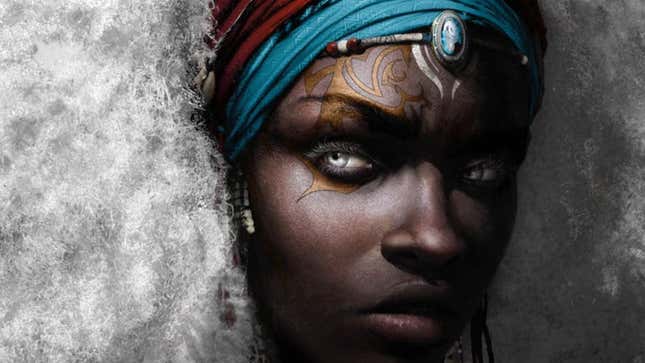 A young African woman with markings on her face and silver eyes gazes out from the book cover of Children of Virtue and Vengeance.