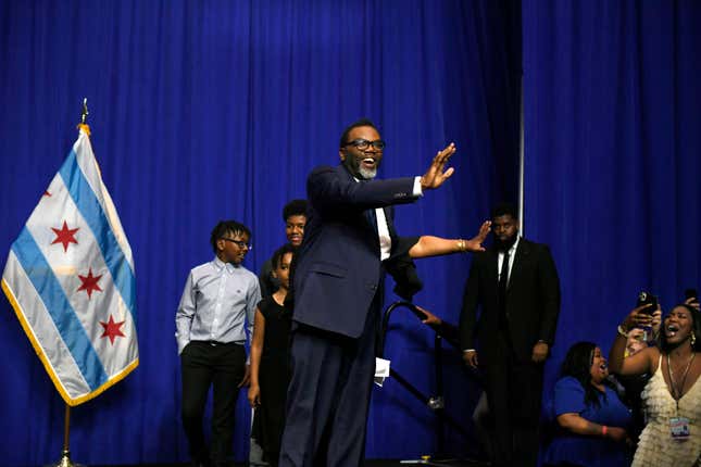 Chicago Mayor-elect Brandon Johnson celebrates with supporters after defeating Paul Vallas after the mayoral runoff election Tuesday, April 4, 2023, in Chicago. 

