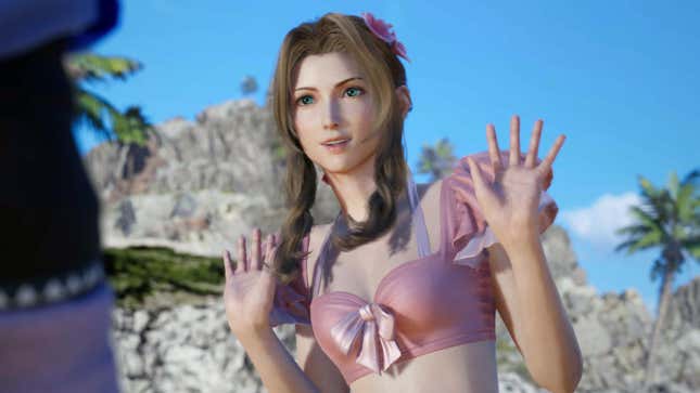 Aerith holds her hands up while wearin a swimsuit.