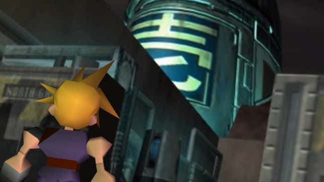 Cloud looks at the Shinra office. 