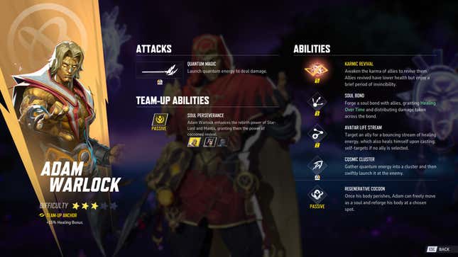 A screenshot shows Adam Warlock's various abilities.